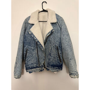 Men’s Vintage Ziggy! Acid Wash Jean Jacket with Sherpa Lining, Blue & White